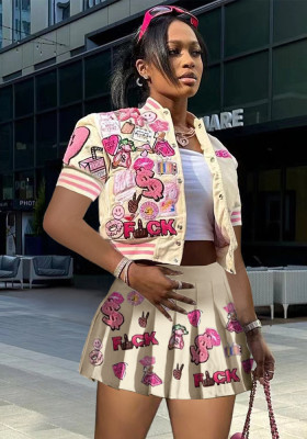 Women Printed Baseball Jacket and Pleated Skirt Two-Piece Set
