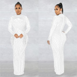 Women Mesh See-Through Beaded Long Sleeve Maxi Dress Set
