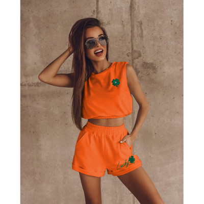 Women Summer Casual Print Sleeveless Crop Top and Shorts Two-Piece Set