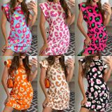 Women Short Sleeve Round Neck Leopard Print Mini Dress