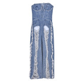 Women Spring V-Neck Backless Tassel Denim Jumpsuit