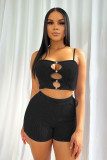 Women Ribbed Suspenders Cutout Top and Shorts Two-Piece Set