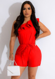 Women Casual Solid Side Ruffle Pocket Lace-Up Two-Piece Set