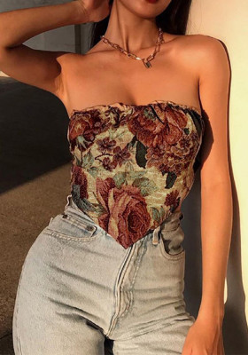 Printed Strapless Basics Tank Top Women's Spring Sexy Low Back Cropped Top