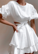 Summer Casual Linena Dress Dropped Shoulder Puff Sleeves Cascading Ruffles Hollow Women's Dress