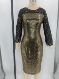 Plus Size Dress Fashion Patchwork Mesh Sequined Fit 3/4 Sleeves Maxi Bodycon