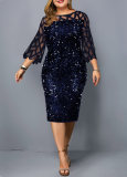 Plus Size Dress Fashion Patchwork Mesh Sequined Fit 3/4 Sleeves Maxi Bodycon
