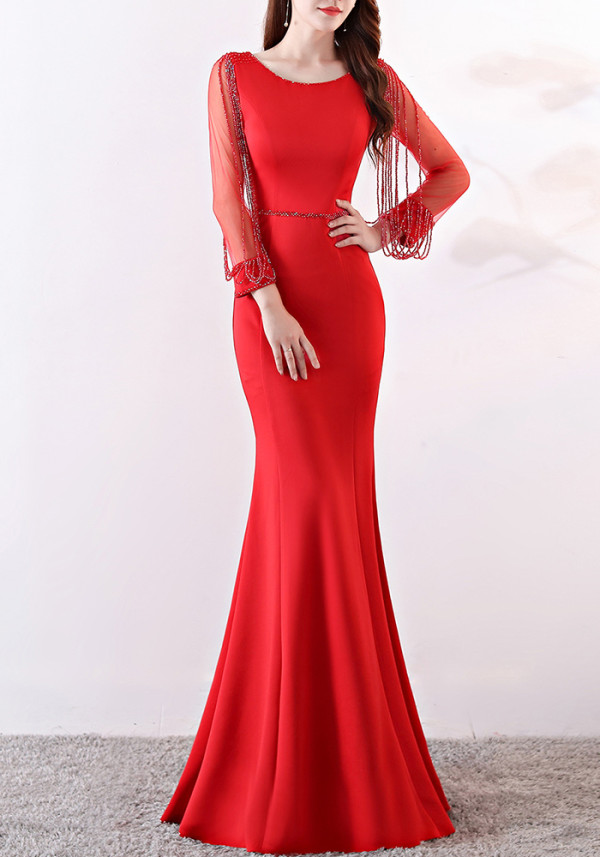 Bridal toast autumn long-sleeved rhinestone chain mermaid long evening dress