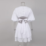 Summer Casual Linena Dress Dropped Shoulder Puff Sleeves Cascading Ruffles Hollow Women's Dress