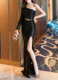 Long Sequins Plus Plus Size Formal Party Evening One Shoulder Dress