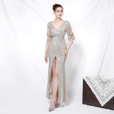 Formal Party Chic Elegant Long Half-Sleeve Sequined Queen Mermaid Evening Gown