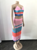 Women's Clothing Fashionable Multi-Color Colorblock Braided Beach Dress Two-Piece Set