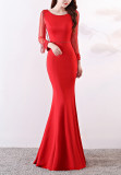 Bridal toast autumn long-sleeved rhinestone chain mermaid long evening dress