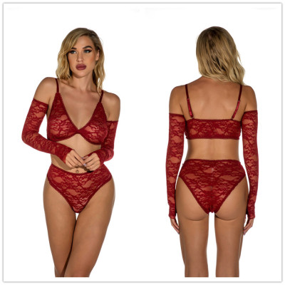 Lace transparent sexy lingerie set with gloves sexy pajamas