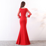 Bridal toast autumn long-sleeved rhinestone chain mermaid long evening dress