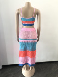 Women's Clothing Fashionable Multi-Color Colorblock Braided Beach Dress Two-Piece Set