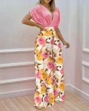 Women's Spring Summer Solid Bat Sleeves Top Print Wide Leg Pants Two-Piece Set