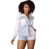 Stripes Printed Patchwork Long Sleeve Shirt Casual High Waist Slim Fit Shorts Women Two Piece Set
