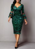 Printed Bell Bottom Sleeve V Neck Chic Mesh Patchwork Bodycon Women's Party Dress