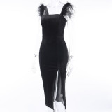 Furry Straps Slit Velvet Dress Women Spring Sexy Low Back Chic Slit Dress