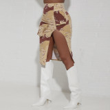 Ladies' Fashion Style Camouflage Leaf Print Cargo Pocket Slit Zipper High Waist Skirt