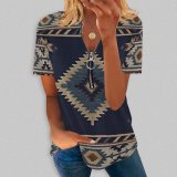 Summer Women's Printed Cotton Short-Sleeved Zipper V-Neck T-Shirt Top