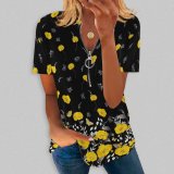 Summer Women's Printed Cotton Short-Sleeved Zipper V-Neck T-Shirt Top