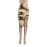 Ladies' Fashion Style Camouflage Leaf Print Cargo Pocket Slit Zipper High Waist Skirt