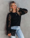 Round Neck Cotton Lace Patchwork Chic Career Long Sleeve Top
