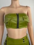 Women's Clothing Solid Color Pu Leather Strapless Crop Top Zipper Slit Skirt Two-Piece Skirt Set Women