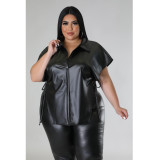 Plus Size Women's Pu Leather Shirt Summer Casual Loose Fit Solid Top