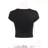 Slim Embroidery Solid Color Short Crop Top Street Women T-Shirt