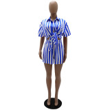 Striped Turndown Collar Long Sleeve Shirt Elastic Waist Shorts Set Two-Piece Set
