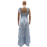 Women's Low Back Patchwork Stripe Chic Square Neck Casual A-Line Maxi Dress