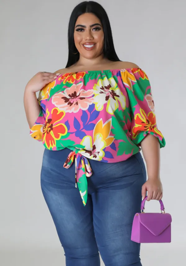 Plus Size Women's Summer Casual Loose Off Shoulder Print Top