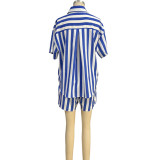 Striped Turndown Collar Long Sleeve Shirt Elastic Waist Shorts Set Two-Piece Set