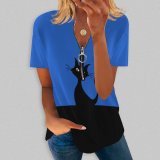 Summer Women's Printed Cotton Short-Sleeved Zipper V-Neck T-Shirt Top