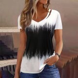 Summer Women's Clothing Print Short-Sleeved Hollow Out V-Neck T-Shirt For Women