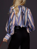 Career Women's Spring Summer Long Sleeve Shirt Printed Pullover Balloon Sleeves Stand Collar Tie Shirt