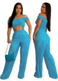 Women's Spring Summer Sexy Solid Color Strapless Off Shoulder Crop Top Wide Leg Pants Two-Piece Set