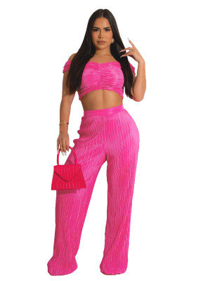 Women's Spring Summer Sexy Solid Color Strapless Off Shoulder Crop Top Wide Leg Pants Two-Piece Set