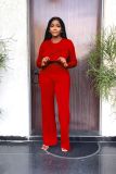 Solid Long Sleeve Top Straight Leg Trousers Spring Fall Casual Two-Piece Set