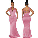 Sexy Fashion Deep V Neck Sleeveless Mermaid Gown Women's Solid Color Evening Dress