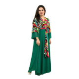 Plus Size Women's Printed V-Neck Patchwork Belted Chiffon Swing Dress Maxi Dress
