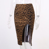 Knitting Leopard Print Slit High Waist Skirt Spring Women's Sexy Slim Skirt