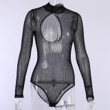 Knitting Midi Neck Mesh See-Through Long Sleeve Bodysuit Women's Spring Sexy Basic Top