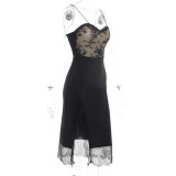 Knitting Lace Straps Slit Dress Spring Women's Fashion Sexy Black Slim Dress Female