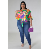 Plus Size Women's Summer Casual Loose Off Shoulder Print Top