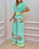 Women's Spring Summer Solid Bat Sleeves Top Print Wide Leg Pants Two-Piece Set