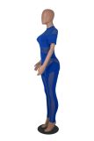 Women's Mid Neck Sexy See-Through Mesh Patchwork Short Sleeve Slim Fitted Ladies Jumpsuit